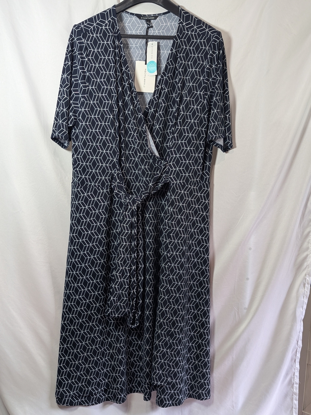 NWT 41 Hawthorn 3X Geometric Faux Wrap Midi Dress Navy White Stitch Fix
